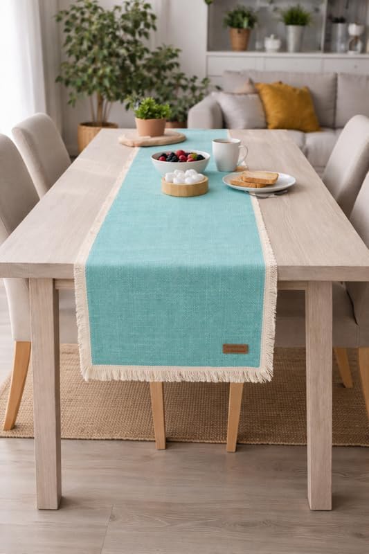 WWW.THROWPILLOW.IN Cotton Mint Green Fringe Centre Table Runners for Living Room Dining Table, Coffee Table Modern Farmhouse Runner for Stylish Homes14x90 Inchfor 6.5 Feet Long Table