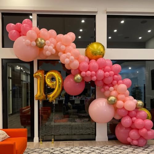 Image of 172Pcs Pink Balloon Garland Arch Kit - Pink Party Decorations with Pastel Macaron Pink White Gold and Starburst Foil Balloons for Birthday Baby Bridal Shower Wedding Valentine's Decorations