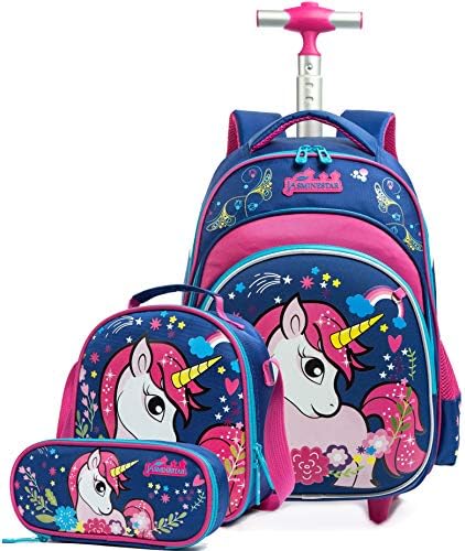 HTgroce Girls Rolling Backpack with Wheels,Trolley School Bag Waterproof Travel Luggage for Kids Girls and Students,Unicorn