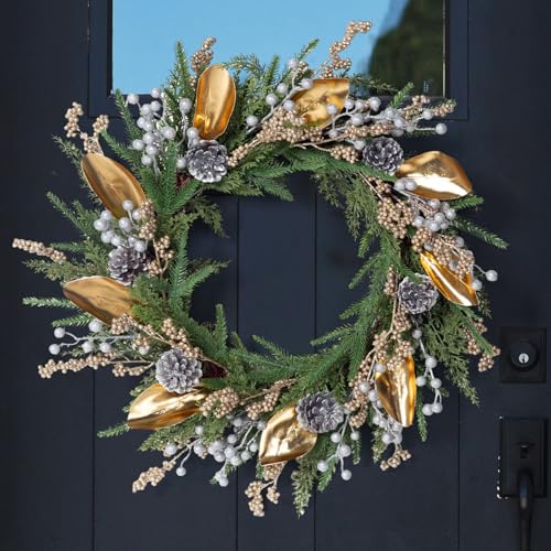 26 Inch Winter Wreath for Front Door, Artificial Gold Wreath with Metallic Leaf &...