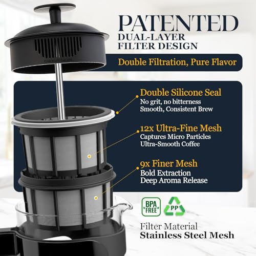 Image of ESPRO Light P3 French Press Coffee Maker - Patented Double Micro-Filter for Grit-Free Brew, Heat Resistant thicker Borosilicate Glass Coffee press - (Black 17 oz)