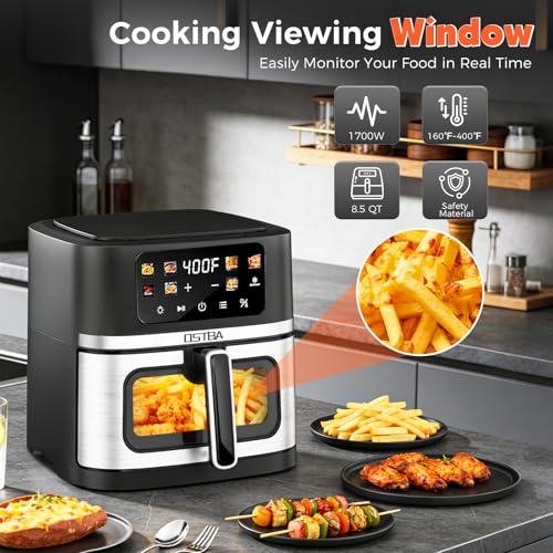 Image of OSTBA 8.5QT Large Air Fryer with Visible Window, 1700W Single Basket Air Fryer, Clear View Nonstick Basket, Digital Touchscreen, 8 Presets, Auto Shutoff, Dishwasher Safe