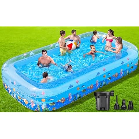 Inflatable Swimming Pool with Air Pump, 130" X 72" X 22" Kiddie Pool for Kids, Adults, Family, Blow Up Pool for Outdoor, Garden, Backyard, Summer Water Party Cover