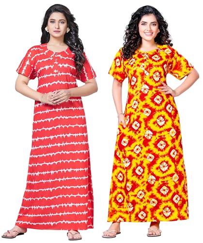 Image of Keyocean Women's Cotton Printed Nighty Night Gown Maxi Free Size (Pack of 2) Carrot & Yellow