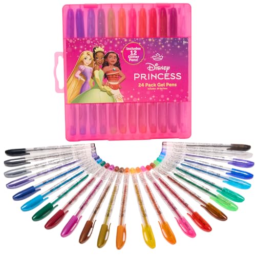 Disney Princess Gel Pens Set for Kids, 24 Pack with Glitter Gel Pens, Cute Pens for Girls – Cinderella, Rapunzel, Ariel, and Tiana