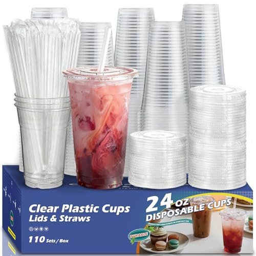 Voatree 110 Pack 24 oz Disposable Clear Plastic Cups with Lids and Straws