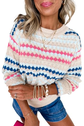 Ecosunny Womens Sweaters Casual Round Neck Long Sleeve Stripe Eyelet Patterned Drop Shoulder Sweater Lightweight Pullover Top