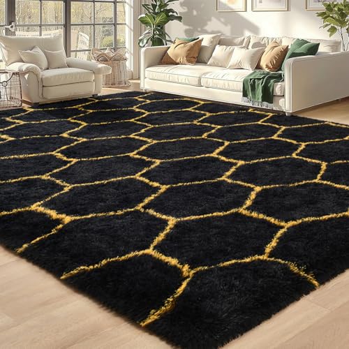 Meralax Hexagon Gold/Black Rugs for Living Room Bedroom, 4x6 Soft