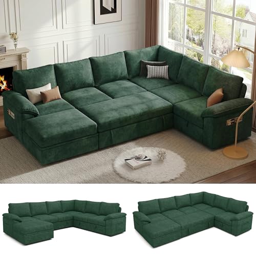 Image of 108 Inch Modular Sectional Sofa with Pull Out Bed,U Shaped 7 Seat Sectional Sleeper Sofa with Storage,Sectional Couches for Living Room,Cloud Modular Couch,Removable Sofa Cover,Green