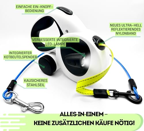 Snuggle Paws Hundeleine 5m Ausziehbar – Alles-in-Einem: Verbesserter LED-Lampe, Kotbeutelspender, Anti-Kau-Stahlseil & Reflektierendem Gurtband | Rollleine für Große Hunde bis 50kg