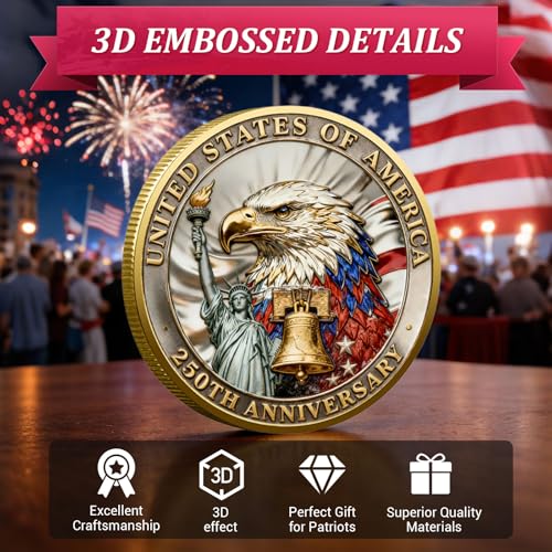 Image of USA 250th Anniversary Commemorative Coin 1776-2026 America 250 Patriotic Collectible Coin with American Eagle 250 Year American Anniversary Coin Collectors Veterans Gifts America 250 Merchandise (A)