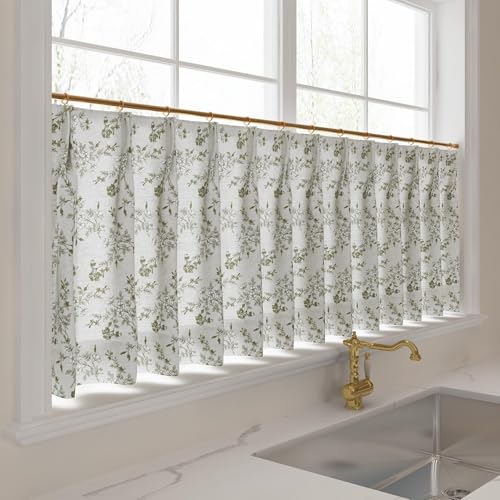 Image of TWOPAGES Pinch Pleat Floral Print Cafe Curtains, Cotton White, 34W x 30L