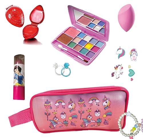 Kit de Maquiagem Infantil com Paleta de Sombras, Estojo Unicórnio, Gloss Labial e mais acessórios, Kit Beleza, Brinquedo Presente Menina B1