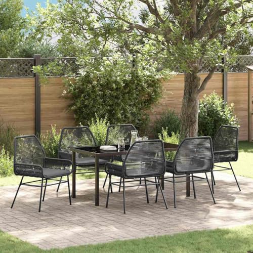 Image of Tonture Garden Dining Set 7 Piece Black Poly Rattan Durable Outdoor Furniture Set with Glass Table for Patio Balcony Dining Area - 6 Chairs 810kg Max Weight