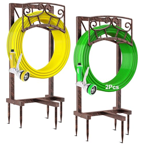 Gouisalin Garden Hose Holder Heavy Duty Metal Water Hose Holders Hose Stand with 5 Spikes Freestanding Hose Storage Rack Hose Hanger Holds 150ft Hose for Outside Yard Lawn Garden Decor (Vintage Copper-2P)