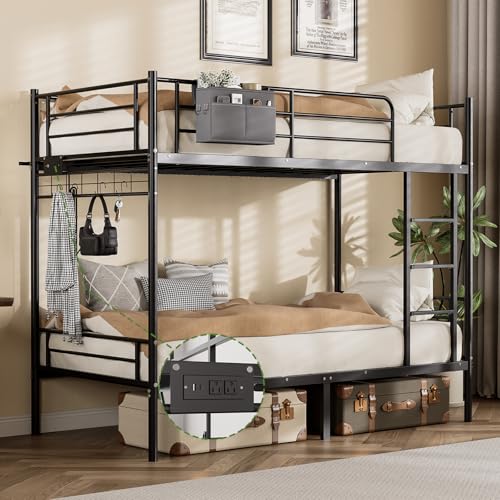 LIPIGE Bunk Bed Twin Over Twin,Bunk Bed with Power Outlet and LED Lights,Heavy-Duty Safety Metal Rails Ladder,Space-Saving Design with Storage...
