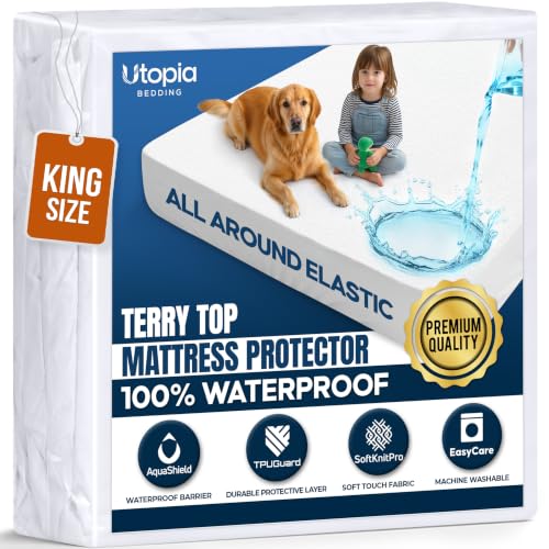 Image of Waterproof King Size Mattress Protector fits Upto 17" deep Mattresses | Utopia Bedding 200 GSM Soft & Breathable Mattress Cover, Dirt-Proof, Noiseless, Machine Washable Fitted Sheet Style, White