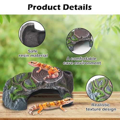 Image of Resin Reptile Hide Cave,Leopard Gecko Cave Hideout Reptiles Habitat Tree Stump Decor Lizard Tank Climbing Ramp Basking Platform Accessories for Gecko Hermit Crab Small Turtle Frog Spider Scorpion