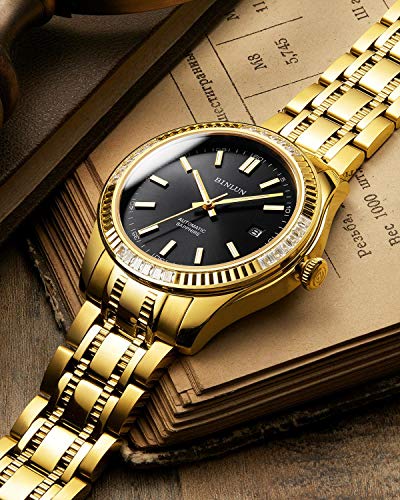 Image of BINLUN Men's Automatic Gold Watches 18K Gold Plated Diamond Mechanical Watch Waterproof Stainless Steel Skeleton Wrist Watch for Men