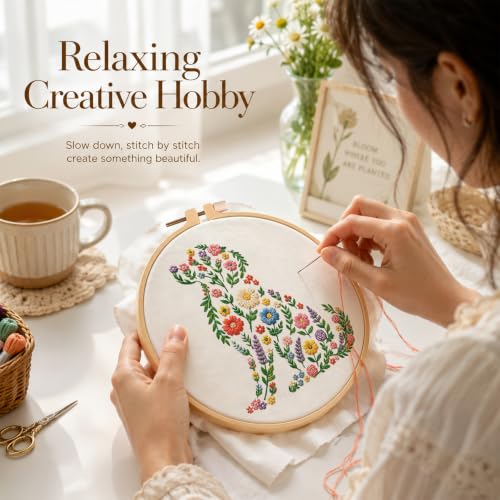 Image of Nuberlic 3 Pack Embroidery Kit for Beginners with Animal Floral Patterm | Stamped Cross Stitch Kit with Hoop, Instructions, Threads and Needles, DIY Craft Gifts for Women