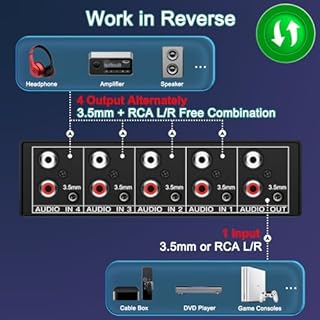 FlyroadUp 3.5mm Aux + RCA L/R Bi-Directional Stereo Audio Switch 4 in 1 Out A/B Analog Audio Switcher Selector