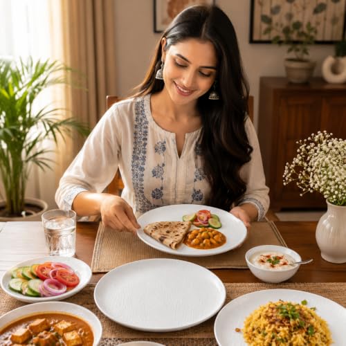 Image of MARKET 99 White Hammered Melamine Full Plates Set of 6 | Round Dinner Plates for Kitchen, Dining Table & Serveware Use | Lightweight & Durable Plates for Everyday Meals & Home Decor