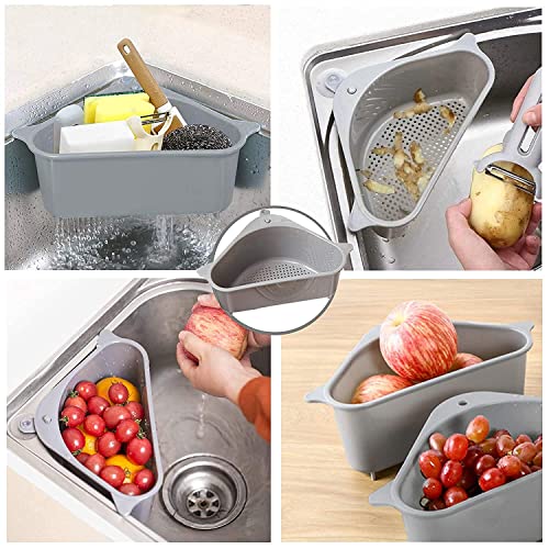 Image of ANKUL Sink Basket Strainer, Triangular Multifunctional Drain Shelf Kitchen Sink Strainer Holder Multifunctional Box Organizer for Soap, Dishwashing (MIN 1 Quantity, Grey)