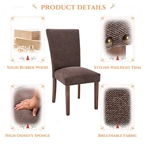 Image of Parsons Dining Chairs Set of 2, Upholstered Nailhead Dining Room Kitchen Side Chair with Thick Cushions and Wood Legs, Brown