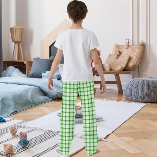 Boy's Pj Pants Watercolor Green Checkered Lounge Bottoms Elastic Waist Kids Joggers with Pockets Size 6-143