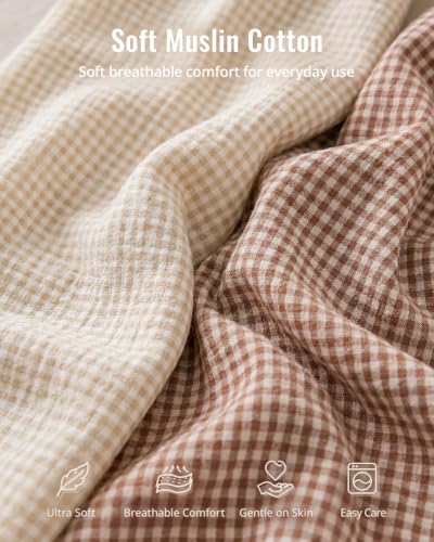 Image of Blissful Diary Muslin Mini Crib Sheets, 2 Pack, Beige Gingham&Brown Gingham | fitted for pack n play, soft and breathable cotton, boho style, easy care for machine wash, gifts for boys and girls