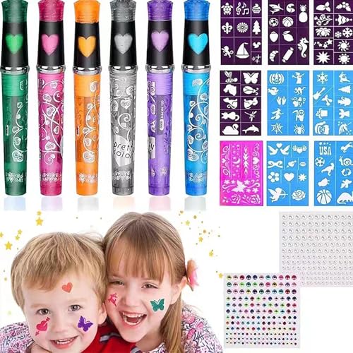 GLEEMEN 17 Piezas Kit Rotuladores Purpurina Tatuajes, 6 Colores Rotuladores Tatuajes Niños, 2 Diamante Cara y 9 Plantillas, Juego Niña Niño para Fiesta Halloween Cumpleaños