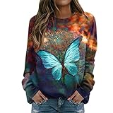 Zldhxyf Pullover für Damen Rundhals Sweater Schmetterlingsdruck Elegant Pulli Shirts Frauen Langarm Hoodie Sweatshirt Jumper Damenpullover Oversize Kapuzenpullover