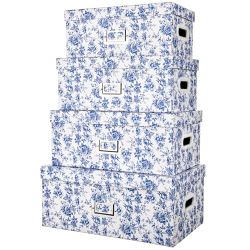 Hollyone Lot de 4 boîtes de rangement rectangulaires empilables avec couvercle en carton - Boîtes de rangement décoratives avec poignées - Pour livres,...