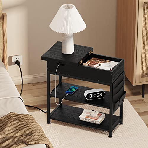 Sjie End Table With Charging Station, Bedside Table/Nightstand,Narrow Flip Top Side Table With Usb Ports And Outlets For Living Room,Bedroom And Small Spaces (1, Black) #TOP3