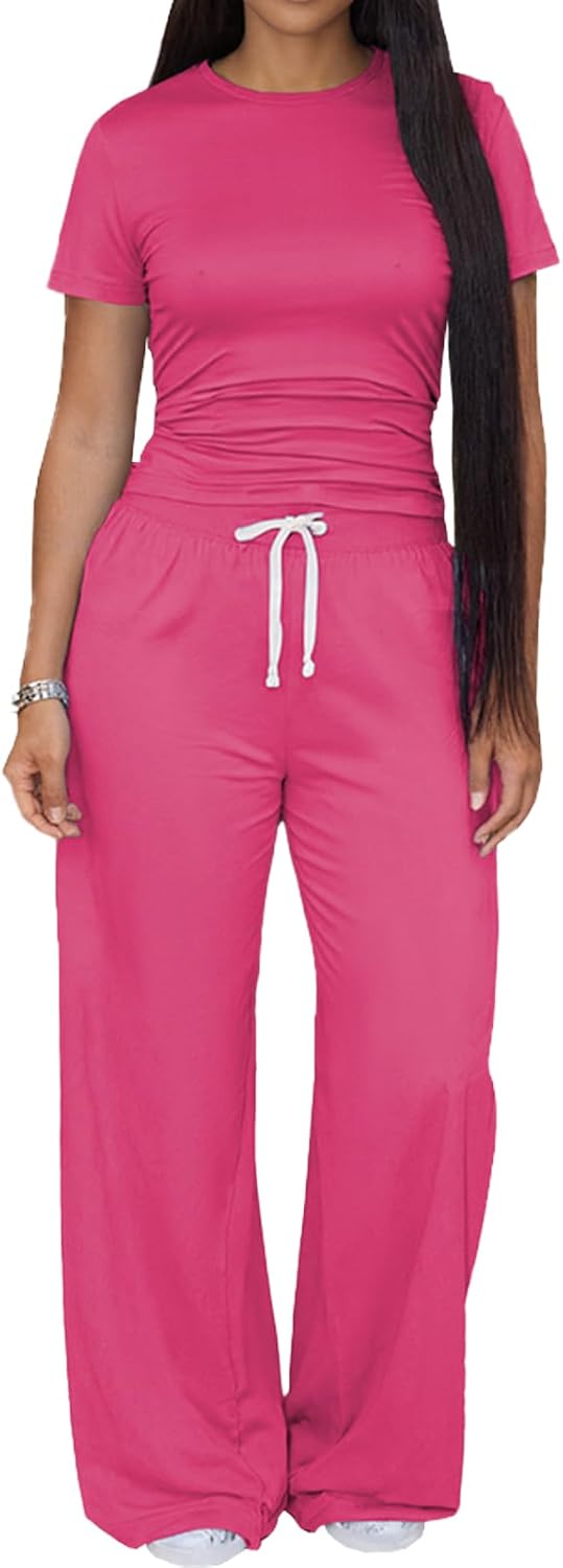 Ulovmi Womens 2 Piece Outfits Short Sleeve Slim Top Wide Leg Pants Lounge Sets Casual Travel Tracksuit