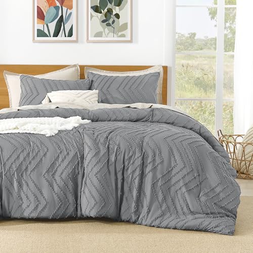 Image of Litanika California King Size Comforter Set Medium Gray, 3 Pieces Chevron Tufted Bedding Set & Collections, All Season Bed Set (104x96In Comforter and 2 Pillow Shams)