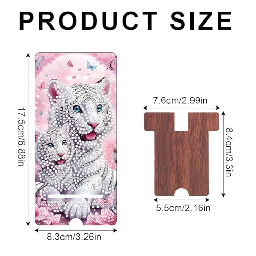 Image of White Tiger Diamond Painting Phone Stand with Mirror, DIY Wooden 2-in-1 Decorative Diamond Art Desktop Holder, Crystal Diamond Gem Painting Craft Kit Gift for Beginners Adults