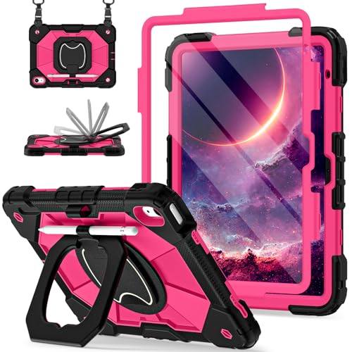 Image of Scnioy Case for iPad (A16) 11th Generation 11 Inch (2025) / iPad 10th Generation Case 10.9 Inch (2022) with 360 Rotating Stand Screen Protector Pen Holder Shoulder Strap, Black Pink