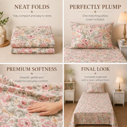 Image of BSB HOME 240 TC Premium Single Bed Bedsheet, Soft Floral Printed Bed Sheet, Elegant Cotton-Look Bedding with Stylish Floral Pattern Bedsheet for Bedroom, 60 x 90 Inches (152 x 229 cm) - Pale Sand