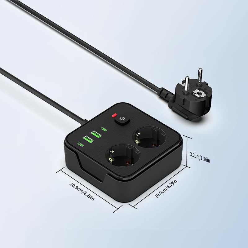 Steckdosenleiste 6-in-1 mit 2M Verlängerungskabel, 2 AC-Steckdosen, 2 USB und 2 Typ-C, für Zuhause, Büro und Reisen(Schwarz)