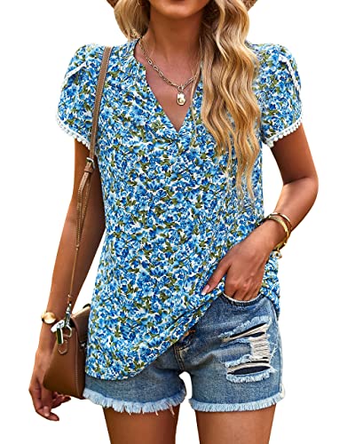 PRETTYGARDEN Womens Spring Tops 2026 Casual Crewneck Lace Crochet Short Sleeve Shirts Floral Boho Blouse Loose Tunic Top(Floral Blue,Medium)