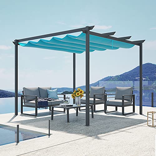 Patiorama 10’ X 10’ Outdoor Retractable Pergola With Sun Shade Canopy, Dark Gray Patio Aluminum Shelter Grape Trellis, Patio Gazebo Pergola, Large Pavillion Grill For Garden Porch Yard Bbq (Blue) #TOP26