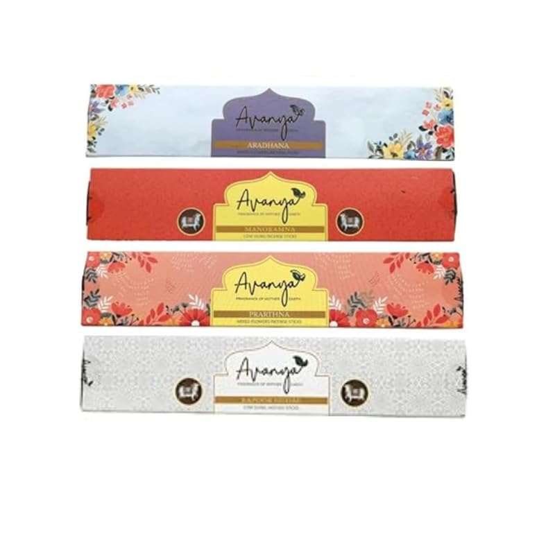 Avanya Fragrance of Mother Earth (Combo Offer Incense Sticks) | Manokamna, Kapoor Guggal, Aradhana & Prartna Flavours Cow Dung and Mixed Sacred Temple Flowers, Pack of 4