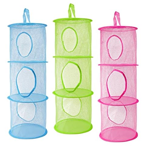 AMZJIUFU 3 Tier Teddy Storage Hanging Mesh, 3 PCS Foldable Save Space Hanging Toy Basket for Kids Room, Bathroom, Balcony (Pink, Blue, Green) Cover