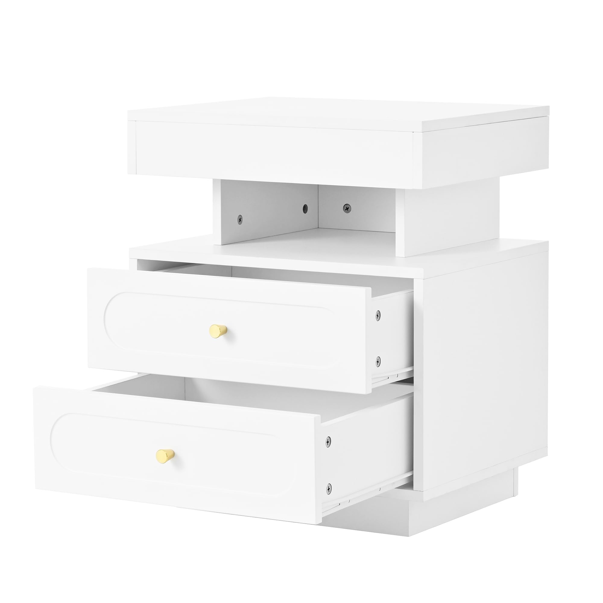 YuQozii Mesita de noche con iluminación LED, cómoda de noche con 2 cajones, 1 espacio de almacenamiento abierto, blanco, ancho 50/T40/alto 60 cm