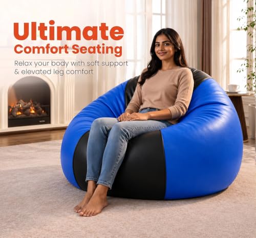 Image of Sattva Classic 3XL Bean Bag Chair with Beans Filled | Faux Leather Sofa Style Beanbags with Filled Beans | Bin Bags Sofa & Beam Bag for Adults, Home & Office (Pre-Filled) - Black & Royal Blue
