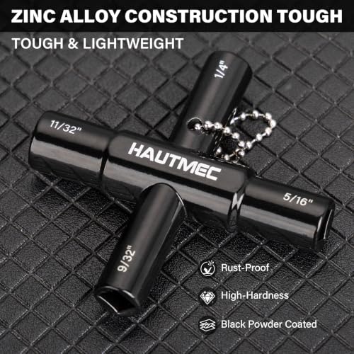 Image of HAUTMEC 4 Way Sillcock Water Key, 1 /4 inch, 9 /32 inch, 5 /16 inch, 11 /32 inch Multi-functional Cross Water Spigot Key Zinc Alloy Plumbers Electricians Valve Tools Black Silcock Key 4 Way, 1100601