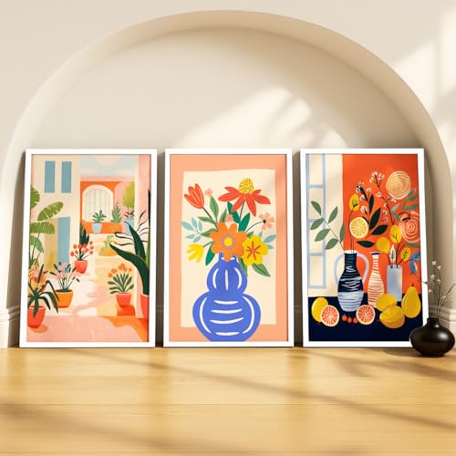 Image of SoulAbiti Sunny Still Life Botanicals set of 3 Framed Wall Print 12x18 inch White Frame Plexi-Glass Floral Art ready to hang for living room bedroom office decor