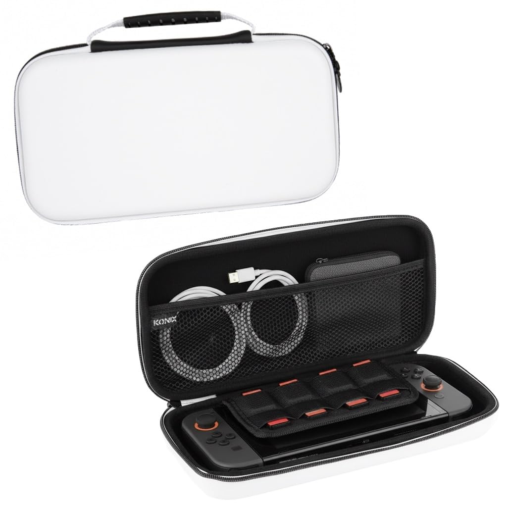 Konix Schutzhülle und Transporttasche Carry Bag Nintendo Switch 2 Konsole - Zubehörnetz - 8 Spielefächer - Weiß