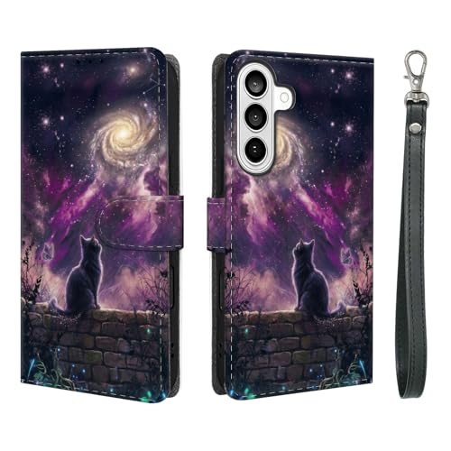 Étui portefeuille cuir anti-RFID rabat porte-carte béquille dragonne femme chat noir